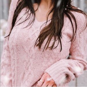 Rachel Parcell Rose Pink V Neck Cable Knit Sequin Metallic Knit Sweater